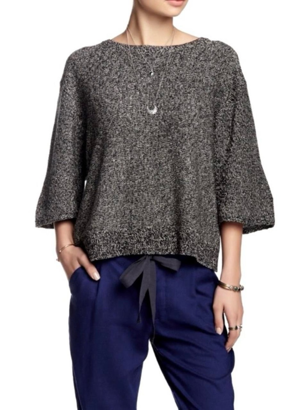 Free People • Rising Sun Marled Black Split Open Back Boxy Knit Sweater Medium